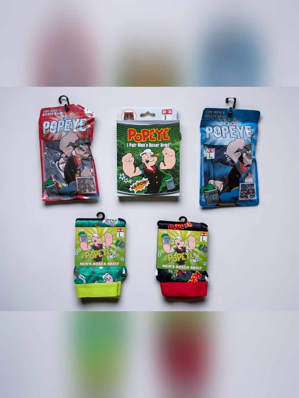 Popeye Men’s Boxer Brief Bundle – 5 Pairs Total – Size Large